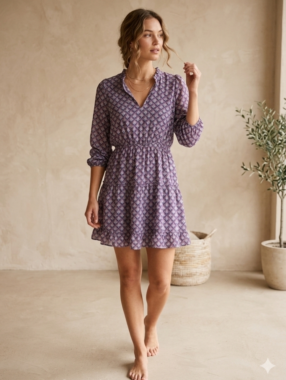 O.P.T BOHO PRINT MINI DRESS XS PURPLE BLUE LONG SLEEVE FLOWY SMOCKED WAIST